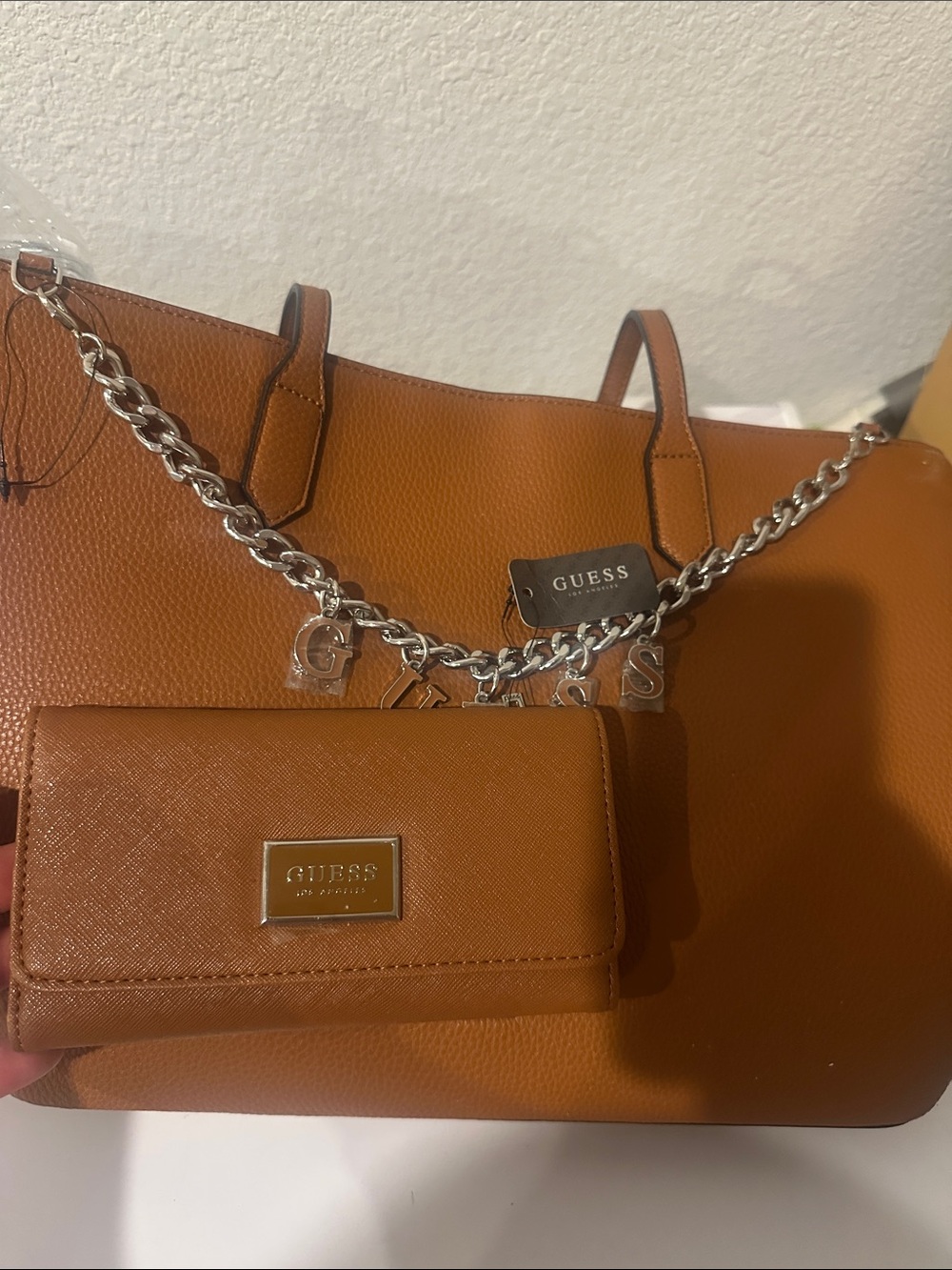 Guess Tan Pebbled Tote with Matching Wallet and Silver Chain Charm